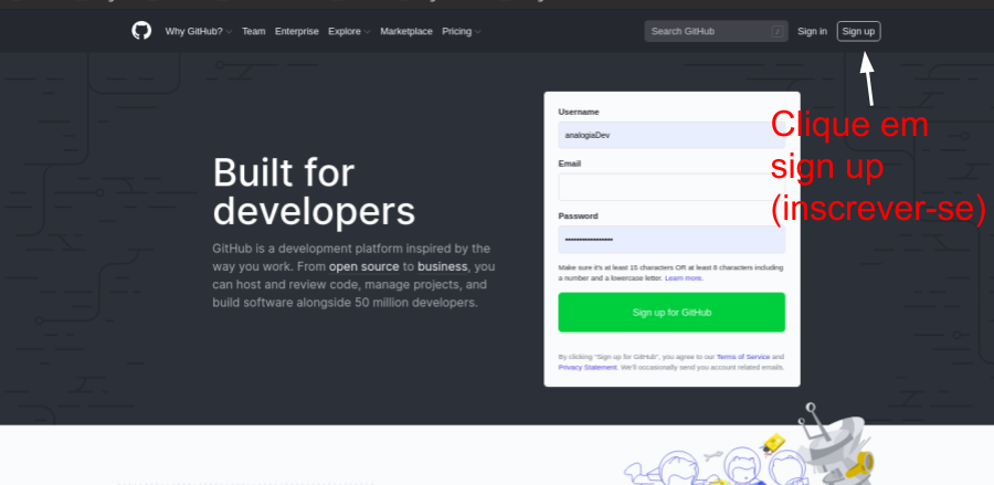 Clicando em Sign up (inscrever-se)