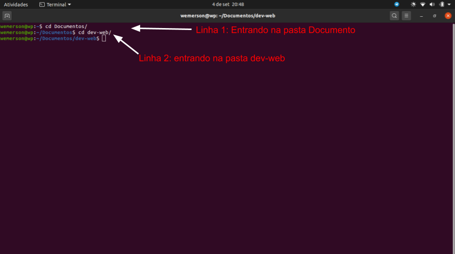 Entrando na pasta dev web